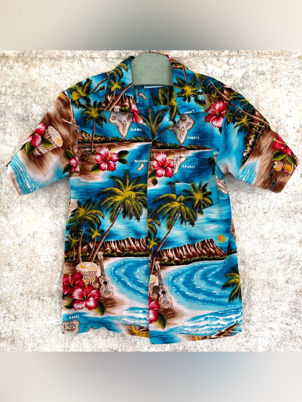 RJC Vintage Hawaiian Shirt - Palm Trees, Ukelele, Ocean, Hibiscus - Kids 10